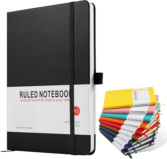 A5 Notebook, Journal Note Pad Hardback Journal Notebook A5 Notepad Composition Notebooks PU Leather Notebook for Office School Home Business Writing & Note Taking 200 Pages (100 Sheets)-Black