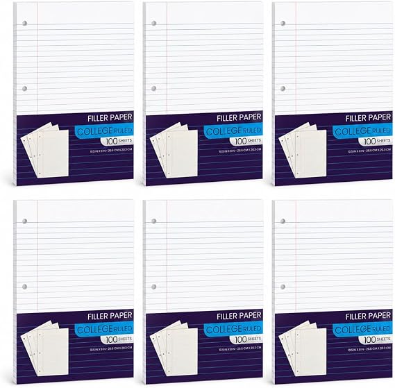 Notebook Paper College Ruled, Loose Leaf Paper College Ruled Notebook Filler Paper, Lined Filler Paper for 3 Ring Binders - 10.5 X 8", for College, School Classroom - 100 Sheets/Pack (6 Pack)