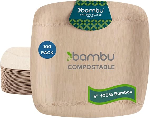 Bambu Pack of 100-5 Inch Disposable Bamboo Plates Square, Biodegradable Eco Friendly Products, Bamboo Disposable Appetizer Plates for Party, Weddings, and Events, Great For Any Occasion - Bulk Case
