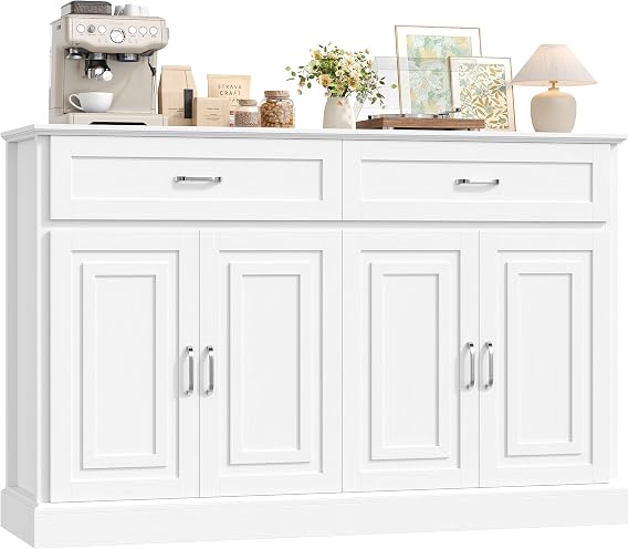 FirFurd Sideboard 140cm White Kitchen Storage Cabinet with Doors & Drawers