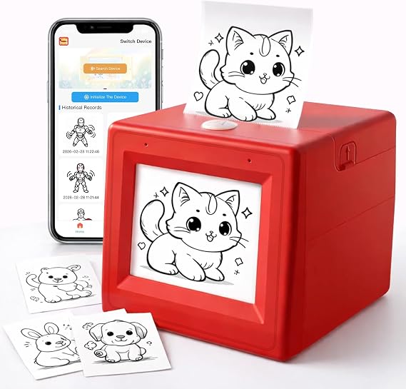 1 Pack, AI Printer Box, Smart Thermal Sticker Printer with Voice Control & Display, Inkless Portable Mini Printer for DIY & Creative Fun, Includes 5 Rolls of Paper