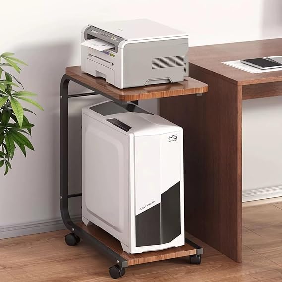 Under Desk Printer Stand with 2-Tier Storage Rolling Printer Cart Computer Host & CPU Stand Side Table for Printer Shredder Fax Machine - Brown
