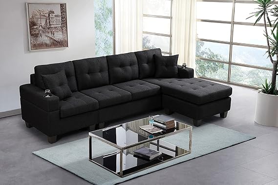 L-Shaped 4 Seater Sectional Sofa Couch with 2 Cup Holders and Reversible (Left or Right) Chaise Lounge for Home Apartment Living Room Furniture Set Grey/Black