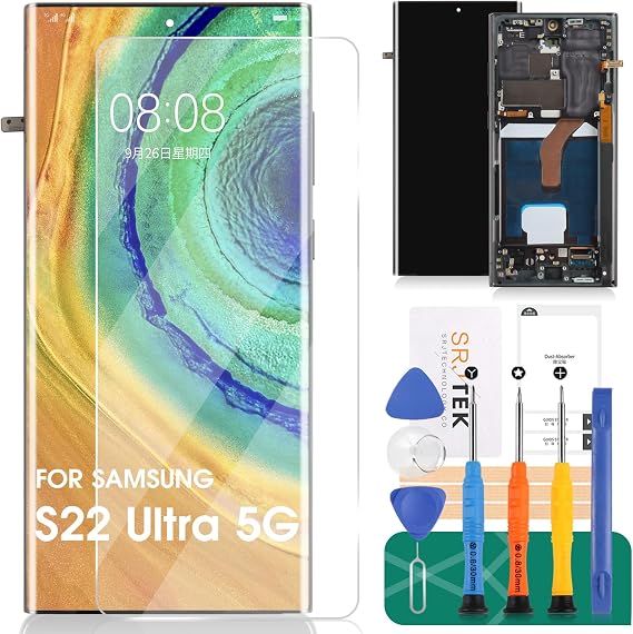 Samsung Galaxy S22 Ultra 5G LCD Screen Replacement OLED for Samsung S22 Ultra 5G Display Galaxy SM-S908 Digitizer Touch Screen Assembly Repair Kit with Frame Black, with Fingerprint