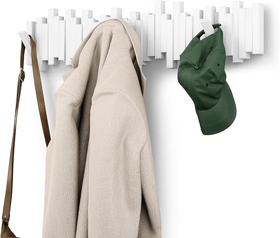 Umbra Sticks Wall-Mounted Coat Rack Rail Hook with 8 Retractable Pegs Modern, Space-Saving Storage Organizer, White