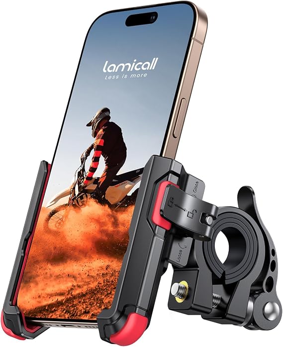 Lamicall Motorcycle Bike Phone Mount, 1s Lock Bike Phone Holder | No Block Camera Bicycle Cell Phone Holder Clamp, Scooter Bar Clip, Gifts for iPhone Pro Max, Galaxy Ultra, 4.7-7" Phones, Red