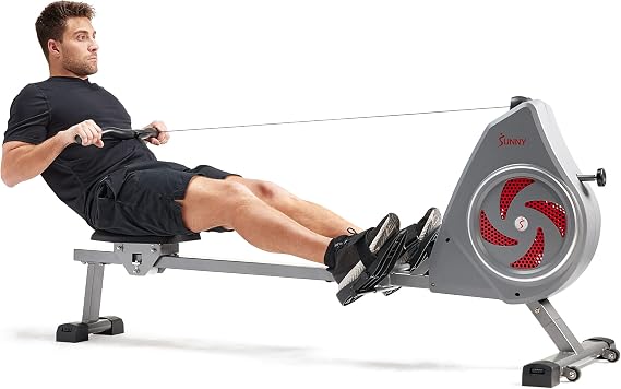Sunny Health & Fitness Air Rowing Machine, Space-Saving Rower with Long Rail and Upright Storage for Home Gym, Full-Body Cardio Workout, Free SunnyFit Training App