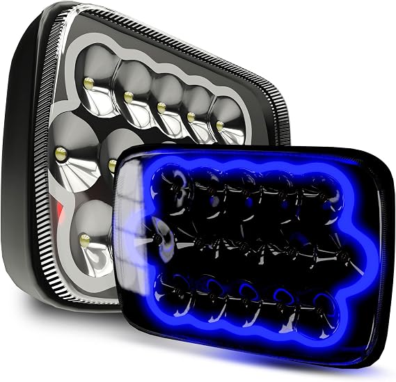 Lpteso ROLINGER 2PCS Off Road Plug and Play Sealed Beam LED Light H6054 7x6 5x7 Auto Lights with Blue Halo Ring Lights Compatible with Wrangler YJ XJ Cherokee E250 Chevy Van Truck Mr2