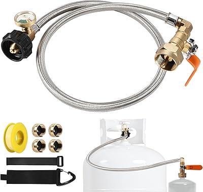 PAMASE Propane Refill Adapter Hose for 1lb Tanks - 36 QCC1 Extension Hose with 4 Brass Cap, Easily Fill 20lb~50lb to 1lb Small Gas Bottle Converter, 350PSI