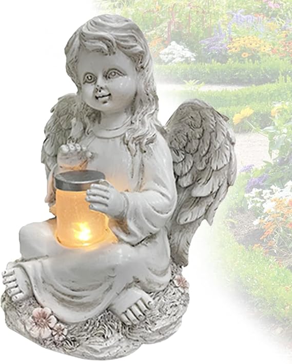 Grave Angel Garden Statue with Solar LED Light Grave Ornament LED light automatically lights up in dark weatherproof for cemetery lawn and patio dignified keepsake