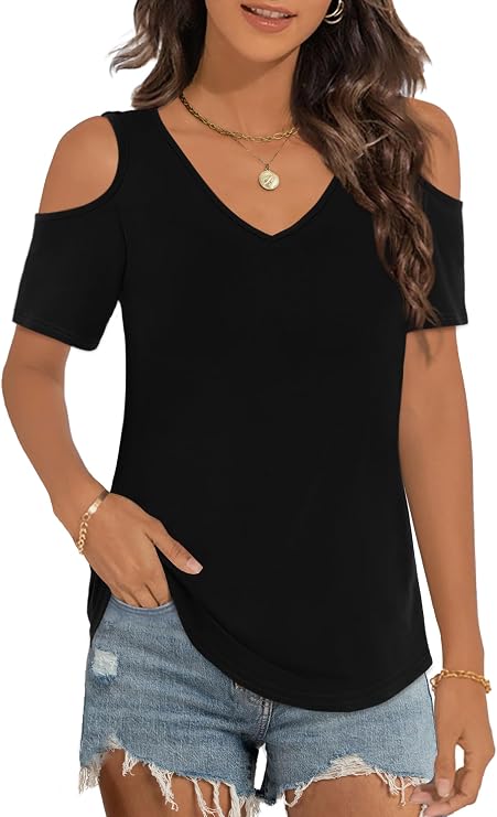 Elesomo Ladies Cold Shoulder Tops V Neck Summer Short Sleeve Casual T Shirts