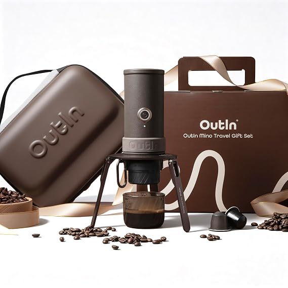 OutIn Mino Portable Electric Espresso Machine Travel Gift Set, 22-Bar Self-Heating Espresso Maker with Foldable Coffee Stand, EVA Plus Carrying Case, Compatible with Capsules & Ground Coffee