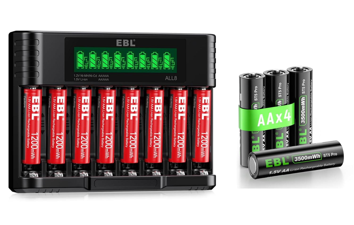 EBL Rechargeable Lithium AA and AAA Batteries, 4-Pack 1.5V AA Battery 3500mWh and 8-Pack AAA Battery with Lithium Battery Charger