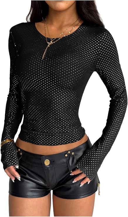 SHENHE Women's Diamond Mesh Sheer Tops Long Sleeve Y2k Slim Fit Party Rhinestone Top