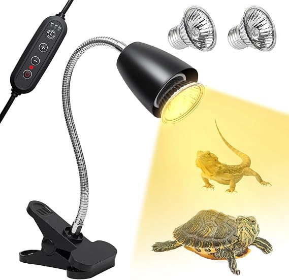 Reptile Heat Lamp with 2Pcs 50W UVA UVB Bulbs Cycle Timer and Clamp | Turtle Heater Light with 360 Rotatable Smart Cycle Timer, UVA UVB Basking Light for Reptiles Turtle Lizard Bearded Dragon