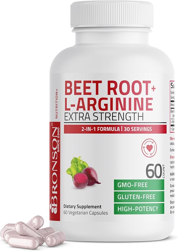 Bronson Beet Root + L-Arginine Nitric Oxide & Stamina Support, 60 Capsules