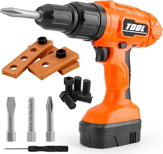 Kids Power Drill and Screw Set,Toy Electric Drill with 3 Interchangeable Drill Bits Sound and Motion,Pretend Play Construction Kids Tool Set Outdoor Preschool Gardening Lawn Toy Gifts(Orange)