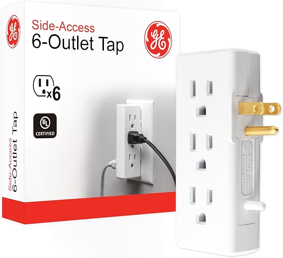 GE 6 Outlet Side Entry Power Tap, Side Access Adapter, UL Listed, White, 54543