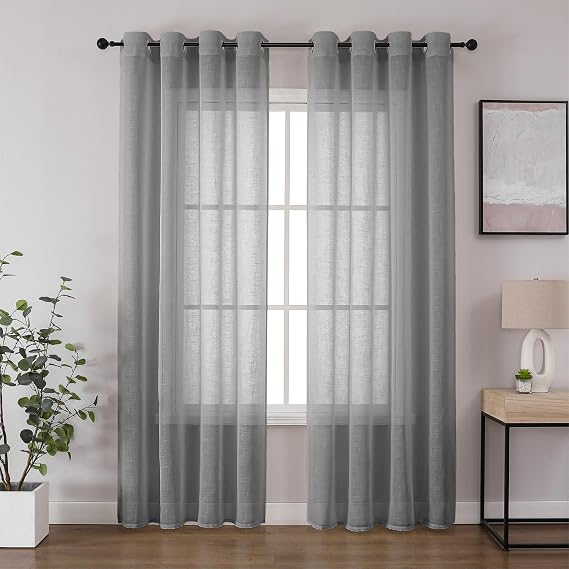 CUCRAF Voile Curtains Grey 84 Inch Drop 2 Panels with Eyelet Linen Net Curtains for Windows Sheer Curtains for Bedroom Kitchen Dormitory Home Decoration