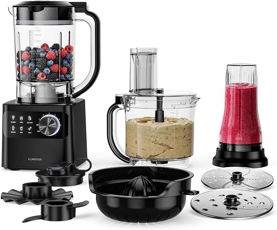 Klarstein Velaire Food Processor with Blender – 1200 W Multifunction Kitchen Machine, 2 L Processor Bowl, 1.75 L Blender, 6 Programs & Speeds, Juicer & Meat Grinder Attachments