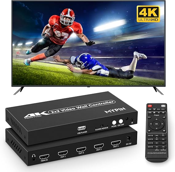 2x2 HDMI 4K Video Wall Controller with Media Player Function, 180Rotate | 4K@30HZ TV Wall Processor, 8 Display Modes 1x1 1x2 1x3 1x4 2x2 2x1 3x1 4x1 with Remote Control for 4x1-1 HDMI Input/Output