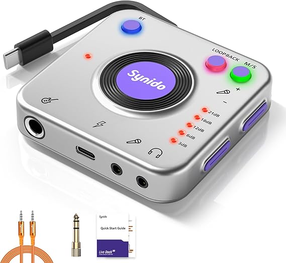 Synido Audio Interface for Recording Music with Instrument Gain Control, 24bit/96KHz, Portable HiFi Audio Interface,  with USB-C, Lightweight Audio Adapter for