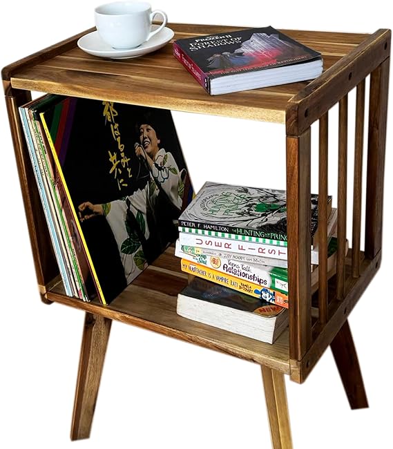 Wooden Vinyl Record Storage Side Table, Brown, Mid-Century Modern