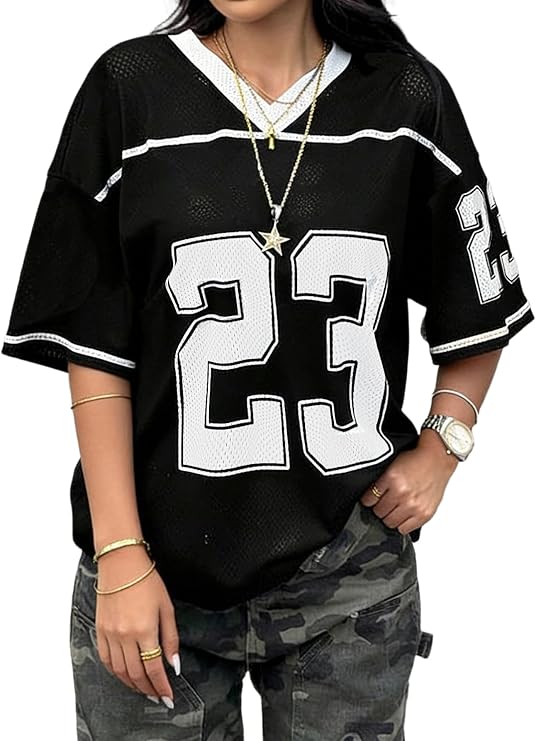 Hilinker Womens Oversized Jersey Shirts Color Block V Neck Tops Graphic Tees Cute Streetwear