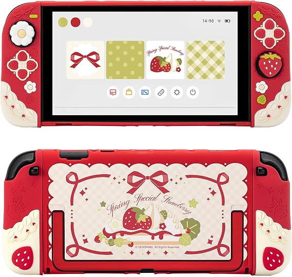 GeekShare Strawberries with Cream Case Compatible with Switch 2, Slim Separable Soft Silicone Protective Shell with 2 Thumb Grip Caps - Red