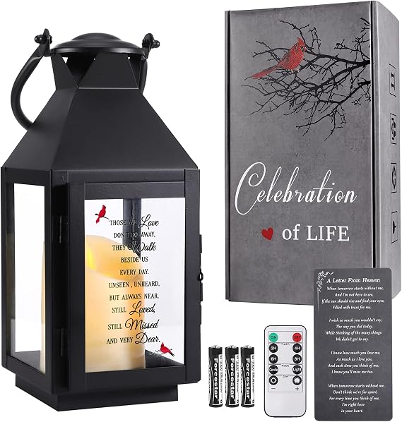 Memorial Lantern with Flickering LED Candle & Remote Timer, Sympathy & Bereavement Gift, UV Printed Memorial Keepsake for Loss of Mom, Dad, Grandpa, Grandma or Loved One