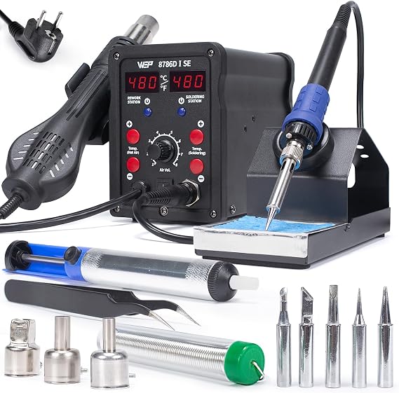 WEP 8786D-I SE 2-in-1 Hot Air Soldering Iron Station Kit for Rework and Desoldering with Lead-Free Solder Wire 5 Soldering Tips 3 Hot Air Nozzles Tweezers Desoldering Pump (EU Plug)