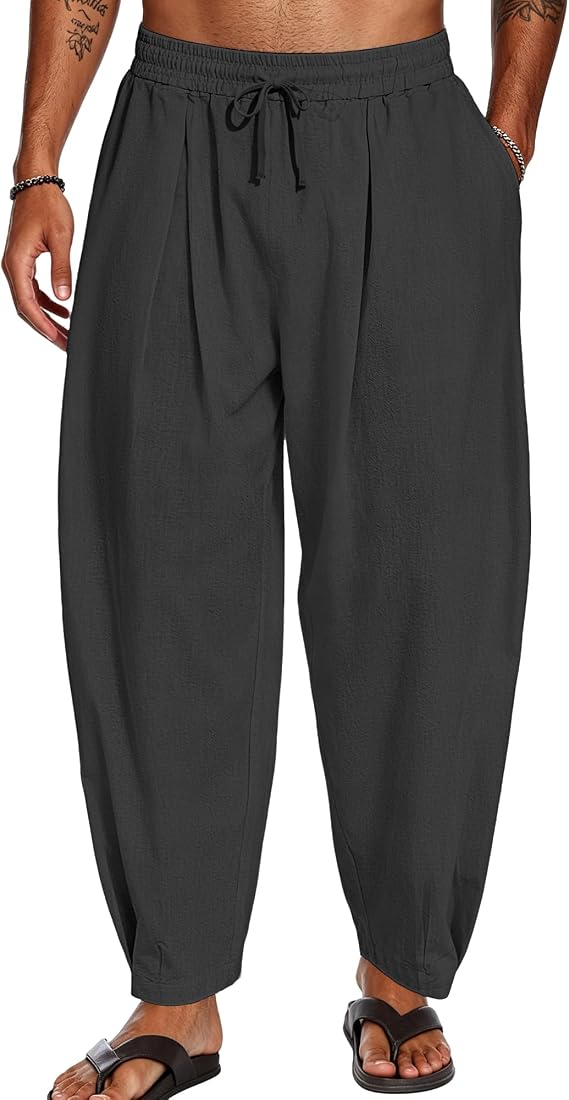 Men's Cotton Linen Harem Pants Casual Loose Trousers Elastic Waist Drawstring for Summer Beach with Pockets