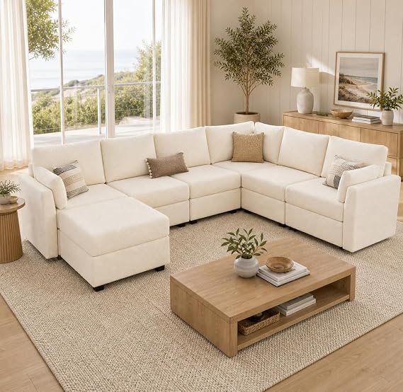 Weture Modular Sectional Sofa with Storage, U Shaped Sectional Couch for Living Room, Convertible Modular Sofa Couch with Ottomans, High Supportive & Soft Sponge, 7 Seat, Beige