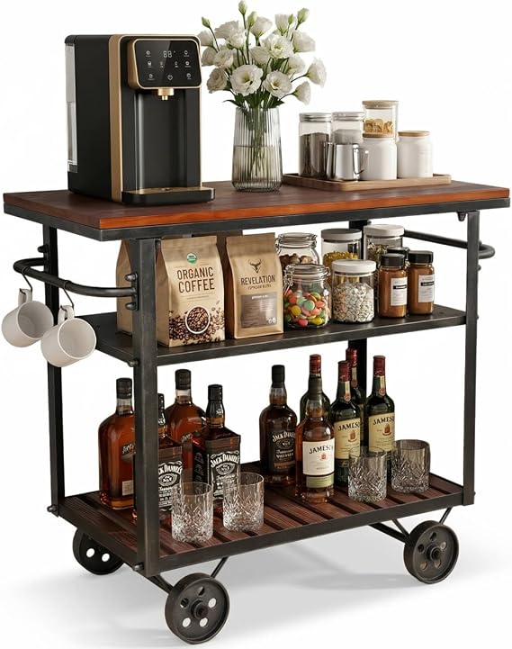 Vintage Rolling Bar Cart with Wheels Industrial Mobile Serving Cart Metal and Wood Design for Kitchen Bar, Office, Coffee House, 36.2"L x 15.75"W x 30.5"H 3-Tier with Side Handle