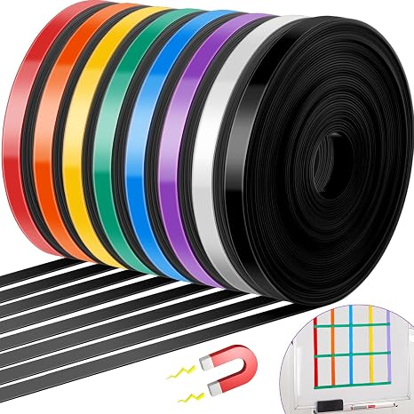 8 Rolls Magnetic Tape Roll Thin Strips 2/5 in x 33 ft, Multicolor