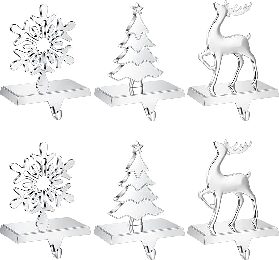 Set of 6 Christmas Metal Stocking Holders Standing Stocking Hook Snowflake Reindeer Tree Stocking Holder Hooks for Mantel Fireplace Christmas Hooks for Stockings Silver Stocking Hangers Decoration