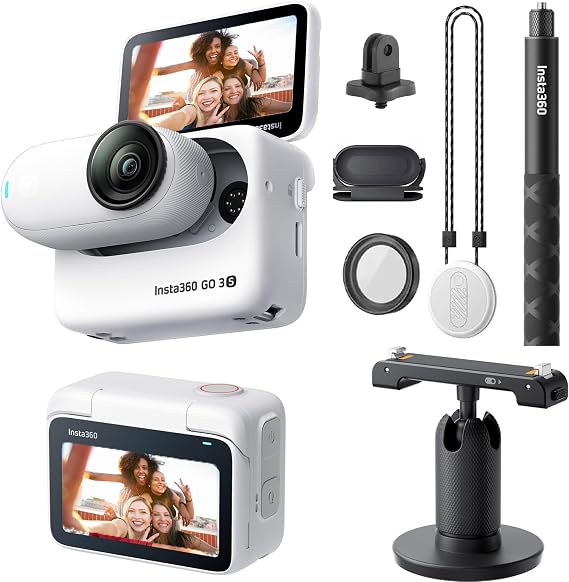 Insta360 GO 3S (White) 64GB Tiny Mighty 4K Action Vlogging Camera, Portable, Mount Anywhere, Waterproof, Stabilization, Hands-Free POV, + Action Pod and Wearable Accessories + Invisible Selfie Stick