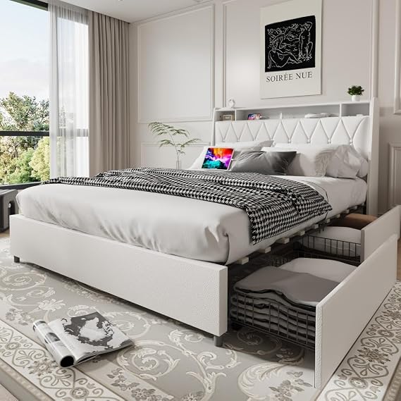 Queen Bed Frame with Storage Drawers,Faux Leather Bed Frame Queen Size with Headboard,Metal Platform Bed Frame with Charger & Built-in Outlets,Noise-Free, No Box Spring Needed (White, Queen Size)