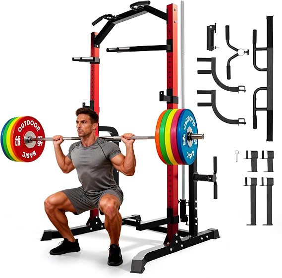 Outdoor Basic Power Cage Squat Rack with Pull-Up Bar & Dip Station, 2400LB Capacity, Multi-Functional Home Gym Rack for Weightlifting, Strength Training, Bench Press