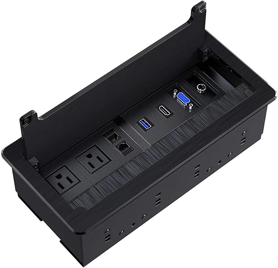 WEBANG Recessed Connectivity Box Outlet for Conference Room Table with 2AC Receptacle,2RJ45, 1USB3.0, 1HDMI, 1 VGA, 13.5mm Audio, Black