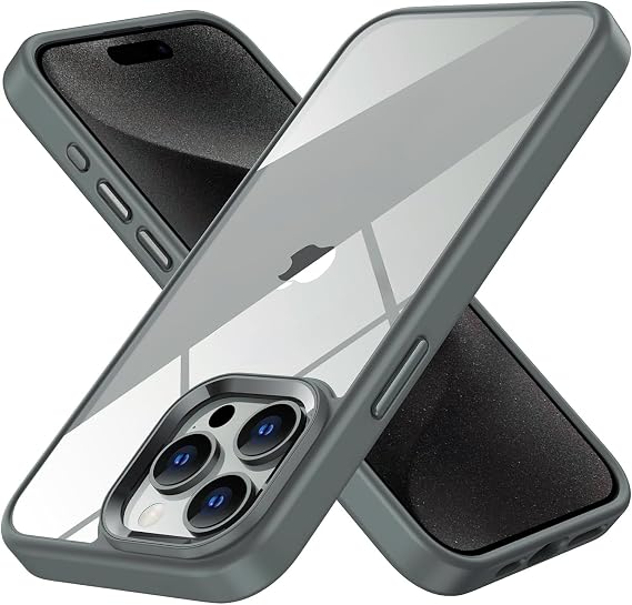 Hybrid Series Back Crystal Clear Polycarbonate Edges Silicone Camera Lens Frame and Keys Metal High Quality Clear Silicone Case for Minesque iPhone 15 Pro (Titanium Grey, Classic)
