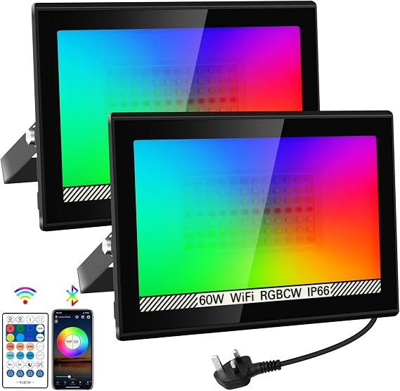NATPOW RGB Flood Lights, 60W Disco Lights Smart Colour Changing 2Pack [Energy Class F]