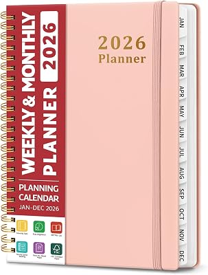 2026 Planner, Weekly and Monthly Calendar Planner, January 2026 - December 2026, Hardcover 2026 Calendar Book with Tabs For Women & Men, Inner Pocket, Spiral Bound, Perfect for Office Home School Supplies - A5 6.3 x 8.5, Pink