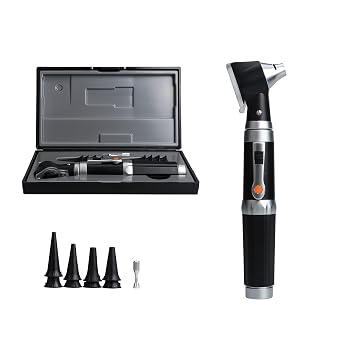 Otoscope Kit - Professional Diagnostic Ear Care Tool with 3.0V LED Bulb, 3X Magnification, 4 Speculum tip Sizes, Diagnostic Ear Care Tool for Children, Adults, Pets (HS-10OG(Black))