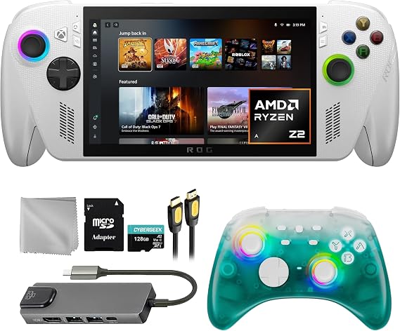 ASUS ROG Xbox-Ally 512GB AMD Ryzen Z2 A CPU Gaming Handheld 7-inch Touchscreen 120Hz, Mytrix Black Ice Wireless Pro Controller, Hub, 128GB MicroSD Card, 5 Accessories: 6 in 1 Bundle
