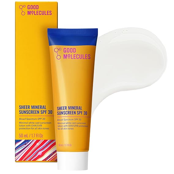 Good Molecules Sheer Mineral Face Sunscreen Broad Spectrum SPF 30, 1.7 oz | Zinc oxide mineral sunscreen with minimal white cast. Broad spectrum UVA/UVB protection for all skin tones.