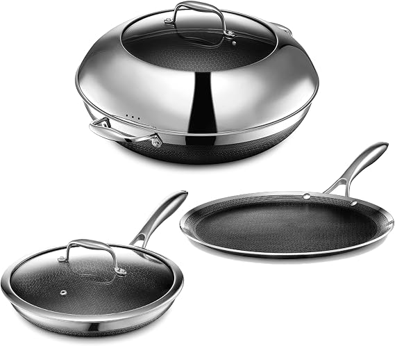 HexClad Hybrid Nonstick 5-Piece Cookware Set, 14" Wok with Lid, 10" Pan with Lid, and 12" Griddle, Stay-Cool Handles, Dishwasher and Oven-Safe, Induction Ready, Compatible with All Cooktops