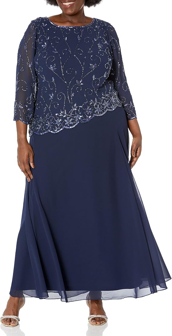 J Kara Women's Plus Size Beaded Scallop Bodice Asymmetrical Gown