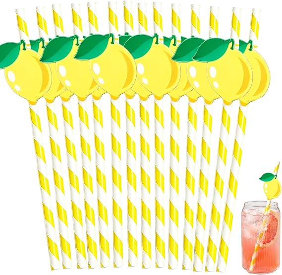 60 Pcs Lemon Paper Straws Disposable Cocktail Straws for Drinks Lemon with Leaves Striped Straw for Milkshake Lemonade Stand Supplies Decorations Festival Holiday Decor