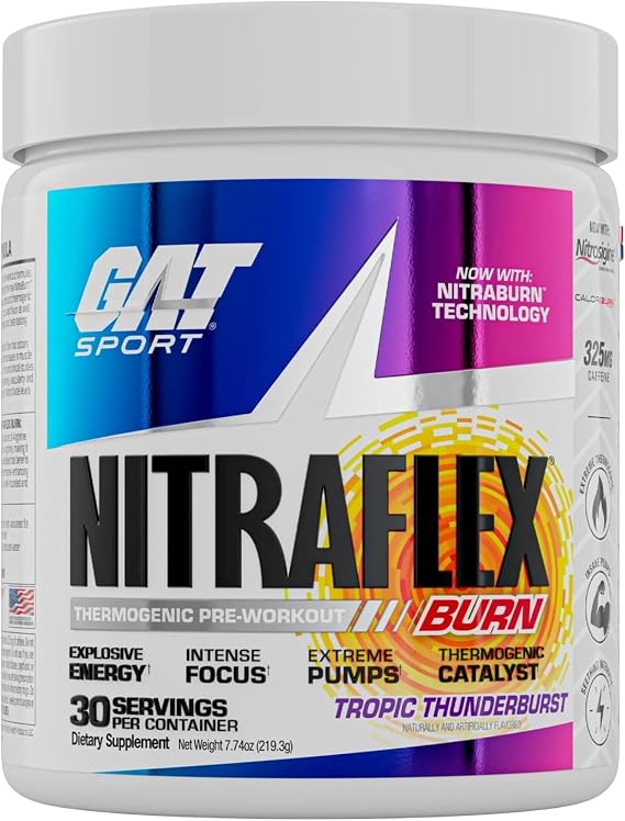 GAT SPORT NITRAFLEX Burn, Tropic Thunderburst, 7.74 oz (30 Servings) | Thermogenic Pre-Workout Energy Supplement Drink Mix with Nitrosigine & Caffeine Anhydrous*